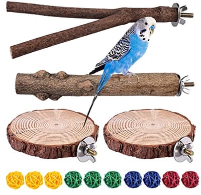 Vegena van 4 natuurlijke houten zitstokken voor vogels, naturel, set voor parkieten met rotan ballen, papegaaienspeelgoed, vogelkooi, accessoires, vogelspeelgoed voor valkparkieten, kanaries