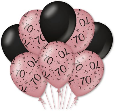 Q2P - 70 Jaar Ballon - Verjaardag Versiering - Rosegoud & Zwart - Helium Ballonnen - Feest Decoratie - 8 Stuks