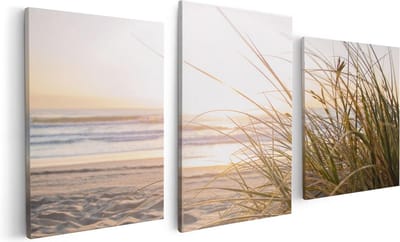 Artaza Canvas Schilderij Drieluik Strand En Duinen Tijdens Zonsondergang - 120x60 cm - Wanddecoratie Woonkamer - Schilderijen - Muurdecoratie