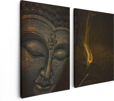 Artaza Canvas Schilderij Tweeluik Boeddha Beeld Met Wierook - 80x60 - Foto Op Canvas - Canvas Print