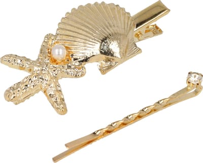 Haarsoires Haarspeld Duckklem en Schuifspeldje 6cm – Schelp Zeester met Parel en Steentje – Goud – Set van 2 - Sterke Haarclip voor Styling & Dagelijks Gebruik - Hair Clip - Decoratieve Haaraccessoire