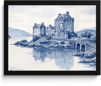 Poster in lijst - Fotolijst 40x30 cm - Posters - Schots - Kasteel - Blauw - Aquarel - Posterlijst zwart - Decoratie - Wanddecoratie woonkamer - Muurdecoratie slaapkamer
