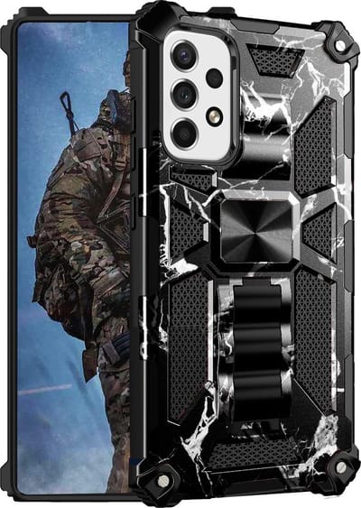 Hoesje Geschikt Voor Samsung Galaxy A53 hoesje rugged extreme backcover met ring houder Camouflage Marmer - Zwart