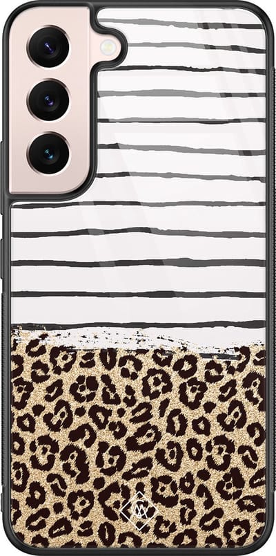Casimoda® hoesje - Geschikt voor Samsung Galaxy S22 - Luipaard strepen - Luxe Hard Case Zwart - Backcover telefoonhoesje - Bruin/beige