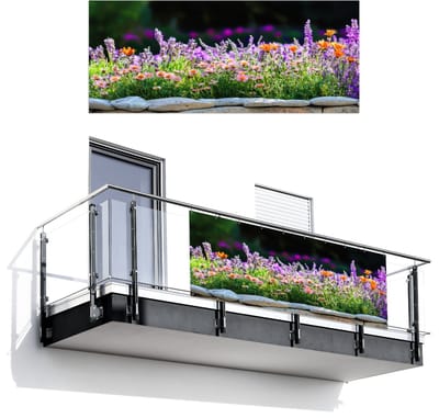 Balkonscherm 300x120 cm - Balkonposter Bloemen - Steenrand - Kleurrijk - Balkon scherm decoratie - Balkonschermen - Balkondoek zonnescherm
