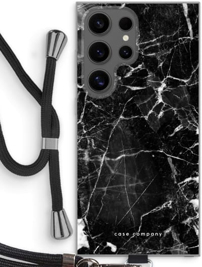 Case Company® - Hoesje met koord geschikt voor Samsung Galaxy S24 Ultra hoesje met Koord - Zwart Marmer - Telefoonhoesje met Zwart Koord - Bescherming aan alle Kanten en Over de Schermrand