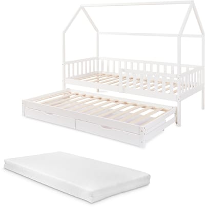 Kinderbed Aarghonmaa met matras uitschuifbed en opberglades 90x200 cm wit [en.casa]