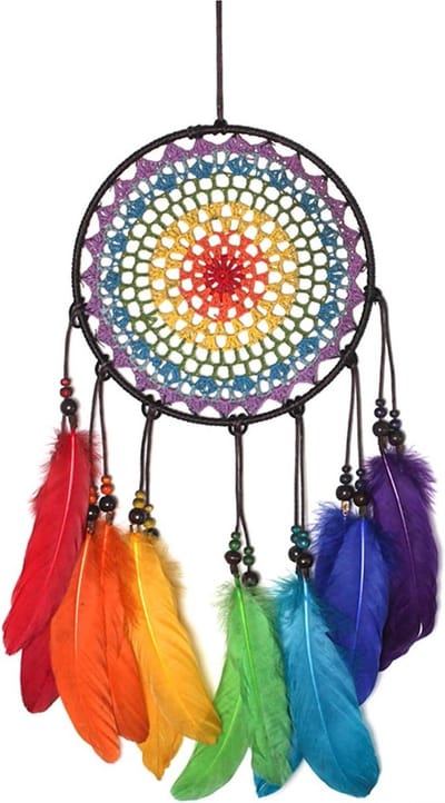 Handgemaakte Dromenvanger met Kleurrijke Veren, Bohemian Wanddecoratie voor de Woonkamer, Slaapkamer en Kinderen (Regenboogkleur)