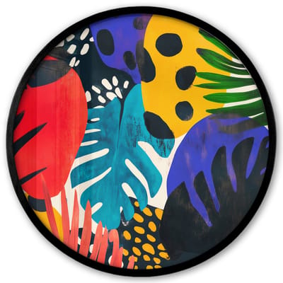Poster in lijst Rond - Fotolijst 40x40 cm - Posters - Bladeren - Vormen - Abstract - Kleurrijk - Ronde posterlijst zwart - Decoratie - Wanddecoratie woonkamer - Muurdecoratie slaapkamer