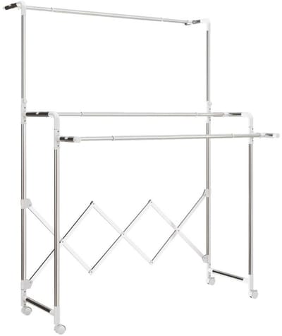 Inklapbare Vrijstaande Droogrek 103x104-150x197cm Zilver Stevig en Duurzaam Rvs Frame Met 3 Verstelbare Droogstangen en Wieltjes Gemakkelijk Te Verplaatsen Inklapbaar Ontwerp Bespaart Ruimte Geschikt voor Binnen en Buiten