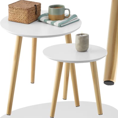 tectake® Set van 2 Bijzettafels Skaland - 2-Delige Bijzettafel met Houten Poten - Ø46 x 50,5 en Ø36 x 35,5 cm - Salontafel in Scandinavische Stijl - Tafeltje voor Woonkamer, Slaapkamer - Bloemenkrukje