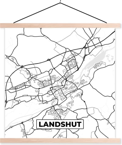 Posterhanger incl. Poster 40x40 cm - Schoolplaat - Landshut - Stadskaart - Kaart - Plattegrond - Textielposter - Blanke latten - Stadskaart