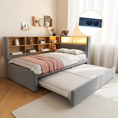 Sweiko Slaapbank - 90*200cm - met Uittrekbaar bed - LED verlichting + oplaadpoort + opbergvak - Flanel - Donkergrijs