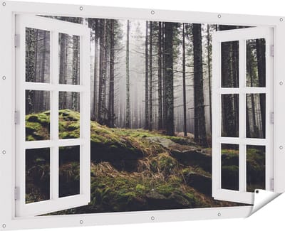 Gards Tuinposter Doorkijk Bos met Mos op Rotsen - 180x120 cm - Tuindoek - Tuindecoratie - Wanddecoratie buiten - Tuinschilderij