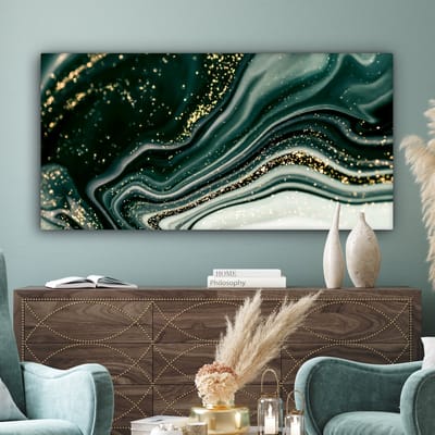 Canvas schilderij 160x80 cm - Wanddecoratie Marmerlook - Goud - Groen - Glitter - Design - Marmer - Muurdecoratie woonkamer - Slaapkamer decoratie - Kamer accessoires - Schilderijen op canvas