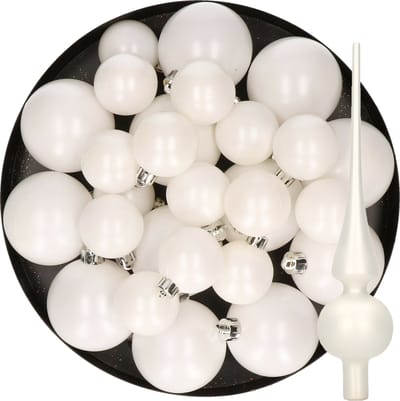 Kerstversiering kunststof kerstballen winter wit 6-8-10 cm pakket van 45x stuks - Met glazen mat piek van 26 cm