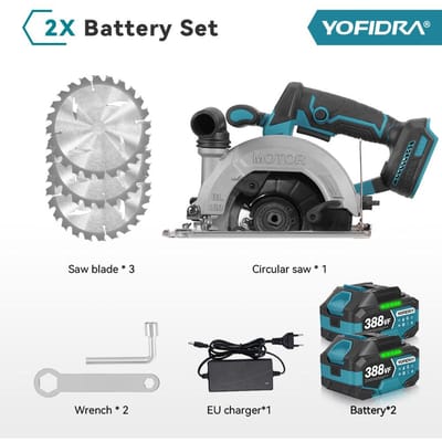 YOFIDRA 6-Inch Borstelloze Elektrische Cirkelzaag Digitale Weergave Kettingzaag Multifunctioneel Snijgereedschap Voor Makita 18V Batterij Pin 2 Battery EU Plug