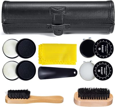Schoenpoetsset voor Leer - 9-delige Reiskit met Borstel, Houten Applicator en Schoenlepel voor Bruin en Zwart Leer, Luxe Kwaliteit en Onderhoud