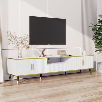 Wishdor Tv-Meubel Met Marmerlook Blad - 2 Deuren En 1 Lade - Kabeldoorvoer - Spaanplaat - Wit - 200 X 40 X 46 Cm