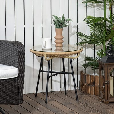 REDOM - Ronde Bijzettafel - Boho Stijl - Gehard Glas - Metalen Frame Met Poedercoating - PE-Rattan - Beige - 50 X 50 X 50 Cm