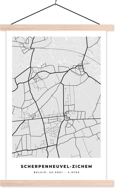 Posterhanger incl. Poster 40x60 cm - Schoolplaat - Kaart – Plattegrond – Stadskaart – Scherpenheuvel Zichem – België – Zwart Wit - Textielposter - Blanke latten - Stadskaart