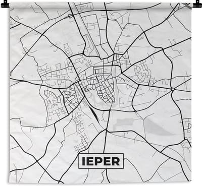Wandkleed - Wanddoek - België – Ieper – Stadskaart – Kaart – Zwart Wit – Plattegrond - 180x180 cm - Wandtapijt