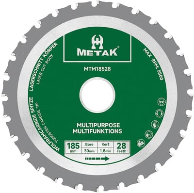 Multifunctioneel cirkelzaagblad 185 mm voor hout, metaal, en kunststof – 28 tanden, 30 mm boring