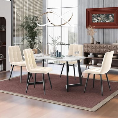 Eetkamerset Tafel met 4 Stoelen Rechthoekig Wit Tafelblad en Beige Stoelen