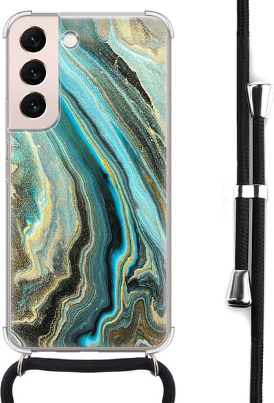 Hoesje met koord - Geschikt voor Samsung Galaxy S22 - Marmer mint - Verstelbaar zwart koord - Crossbody - Marmer - Transparant, Groen - Leuke Telefoonhoesjes