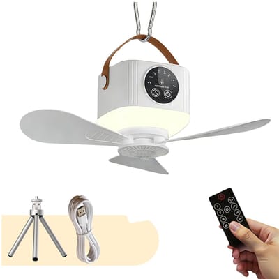 Plafondventilator - Ventilator - 8.7×8.3cm - Batterijgevoede plafondventilator - Draagbaar - Plafondventilator voor buiten - Oplaadbaar - 7200 mAh - Geschikt voor tuinhuisjes, terrassen, luifels, stranden, studentenkamers en slaapkamers - Wit