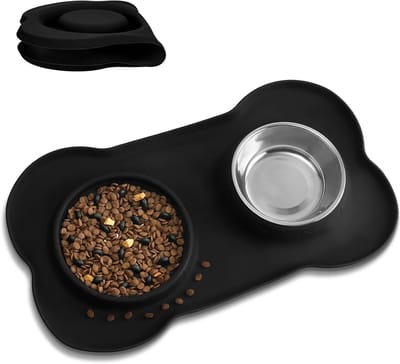 Anti-Fog Hondenvoerbak met RVS Drinkbak en Antislip Siliconen Mat, Dubbele Verwijderbare Kom voor Honden, Zwart