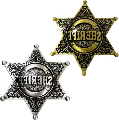 Set van 2 metalen sheriff ster badge broches voor kleding, cowboy party accessoires en kostuumdecoratie