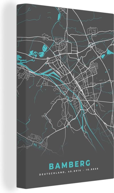 Canvas Schilderij Duitsland – Blauw – Bamberg – Stadskaart – Kaart – Plattegrond - 20x30 cm - Wanddecoratie