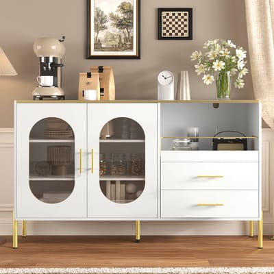 Dressoir - 140x38x90 cm - Met 2 Glazen Deuren En 2 Lades - Gouden Grepen En Poten - MDF - Wit