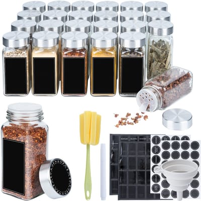 ACXIN Kruidenpotjes Set Kruidenpotjes Glas Vierkant 120ML Luchtdicht Met Etiketten Strooideksel Trechter Reinigingsborstel Keuken Organisatie - 24 Stuks - RVS Roestvrij Staal Deksel