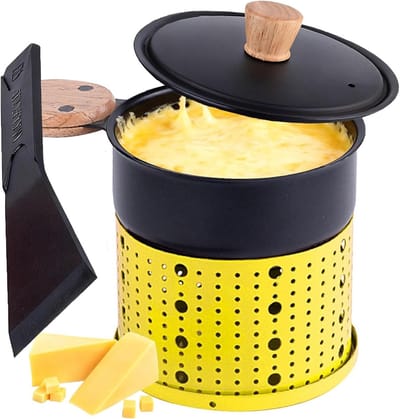 Draagbare Raclette Pan voor 2 Personen - Multifunctionele Mini Tafelverwarmer voor Chocolade en Kaas Fondue - Ideaal voor Kantoor, Kamperen en Thuisgebruik, 300ml met Houten Handvat