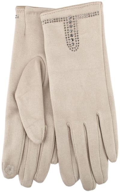 Stevige faux suede dames handschoenen Minka-strass steentjes-effen beige-touchscreenfunctie