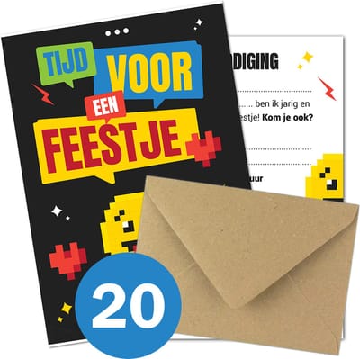 20x Uitnodiging Kinderfeestje + Enveloppen & Sluitstickers (20 kaartjes & 20 enveloppen) Beschrijfbaar - Thema Emoji - Uitnodiging verjaardag - Jongen of meisje - uitnodigingskaarten + kraft envelop - Verjaardag Feest