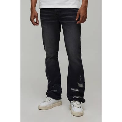 Gescheurde Flared Jeans Met Ritsdetail En Slim Stacked Fit | Washed Black | Size 28R
