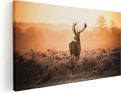 Artaza Canvas Schilderij Hert - 40x20 cm - Klein - Wanddecoratie Gewei - Muurdecoratie Zonsopgang - Schilderijen Op Canvas Natuur