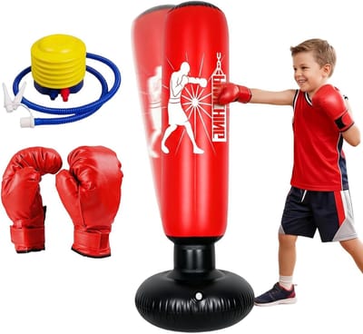 Bokszak voor kinderen van 6-12 jaar, 160 cm, opblaasbare staande bokszak met bokshandschoenen, ideaal voor karate, kickboksen en taekwondo oefeningen