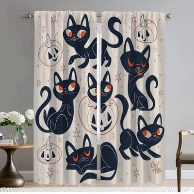 Art Mural Rideau Blackout Chat pour Pièce 2 Panneaux Décoration Halloween Tulle pour Chambre Rideaux de Séparation Chambre d'Enfant Stores Maison W50xH70cmx2pcs-CL black