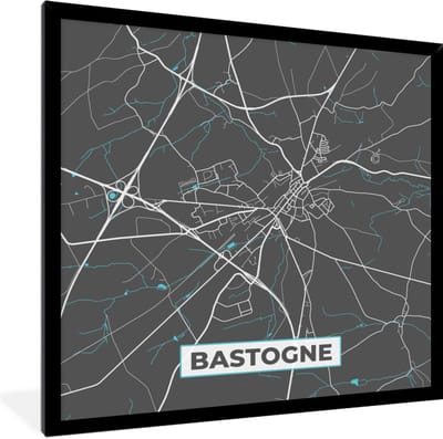 Fotolijst incl. Poster - België – Bastogne – Stadskaart – Kaart – Blauw – Plattegrond - 40x40 cm - Posterlijst