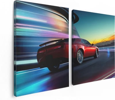 Artaza Canvas Schilderij Tweeluik Rode Sportwagen Auto In De Stad - 120x80 - Foto Op Canvas - Canvas Print