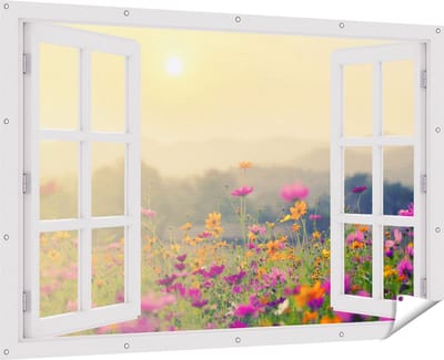 Gards Tuinposter Doorkijk Bloemenveld met Kosmos - Zonsondergang - 180x120 cm - Tuindoek - Tuindecoratie - Wanddecoratie buiten - Tuinschilderij