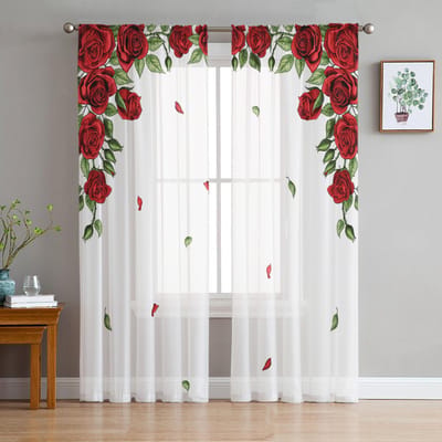 Valentijnsdag Roos Bloem Transparante Gordijnen voor Woonkamerdecoratie Raamgordijnen voor Keuken Tule Voile Organza Gordijnen W135 x H115cm x1 white