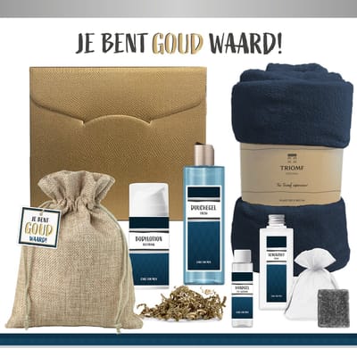 Geschenkset "Je Bent Goud Waard!" - 7 Producten - 1100 Gram | Luxe Cadeaubox voor hem - Wellness Pakket Man - Cadeaupakket Verjaardag - Bedankt Cadeau - Gift Set Kerst - Kerstpakket Vriend Vader Collega Vrijwilliger Zorgwerker Werknemer Pakket Blauw