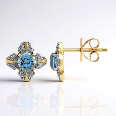 Cavill - 375 Geelgouden Oorbellen - Santa Maria Aquamarijn 0,58 ct Rond - Luxe Damesoorbellen met Zirkonia - Elegant & Hypoallergeen