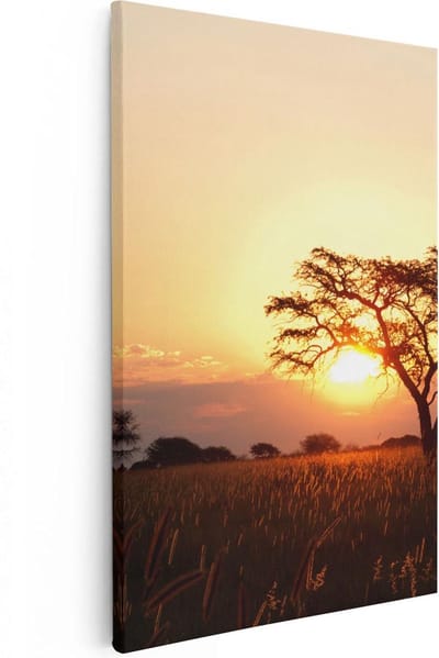Artaza Canvas Schilderij Boom Afrika - 20x30 cm - Klein - Muurdecoratie Zonsondergang - Wanddecoratie Natuur - Kamer Accessoires