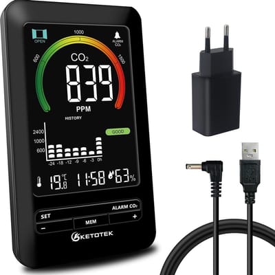CO2-meter - Luchtkwaliteitsmeter - Binnenklimaat Meten - 3-in-1 Detector - 400-5000 PPM - Zwart